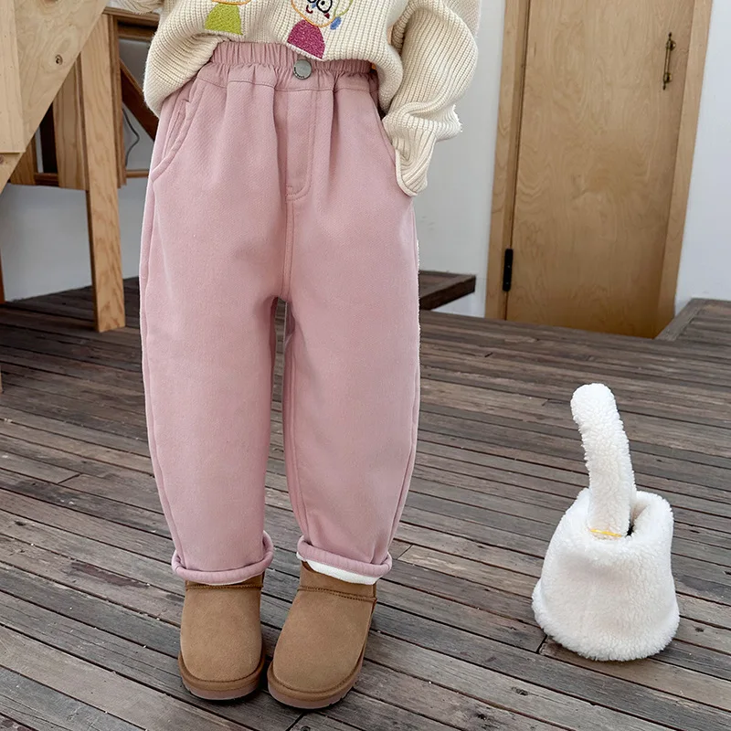 Girls Pants 2024 Winter New Childrens Clothes Girls Baby Foreign Style Plus Fleece Elastic Twill Compound Casual Pants