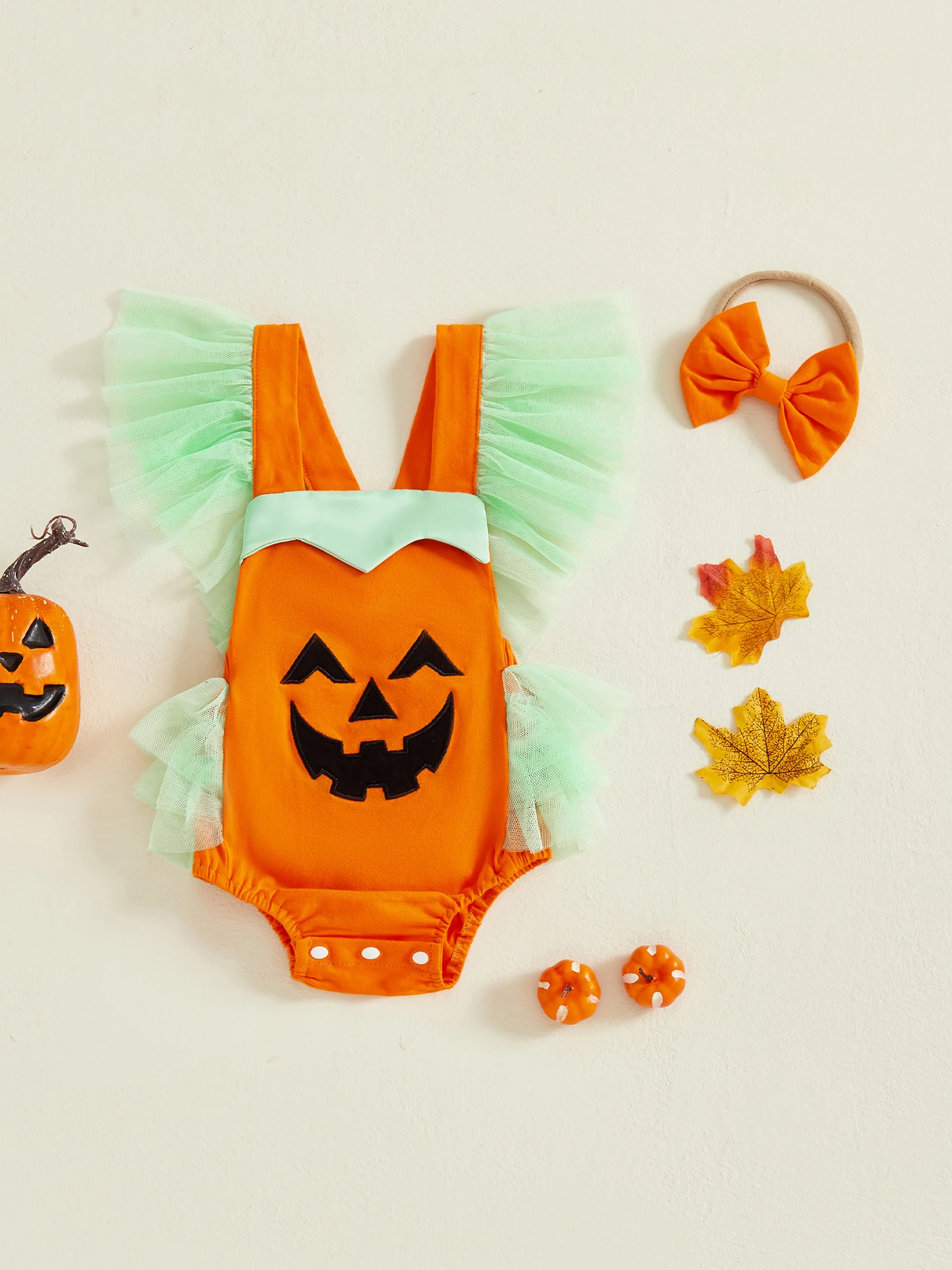 

Одежда для Хэллоуина для маленьких девочек, комбинезон без рукавов с квадратным вырезом и рюшами, комплект с повязкой на голову, одежда для новорожденных