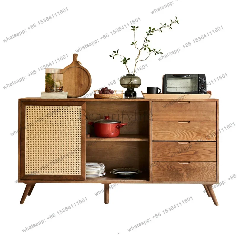 LXJapanese-style rattan dining side cabinet Modern simple multi-functional ash wood solid wood double-door chest cabinetSSS