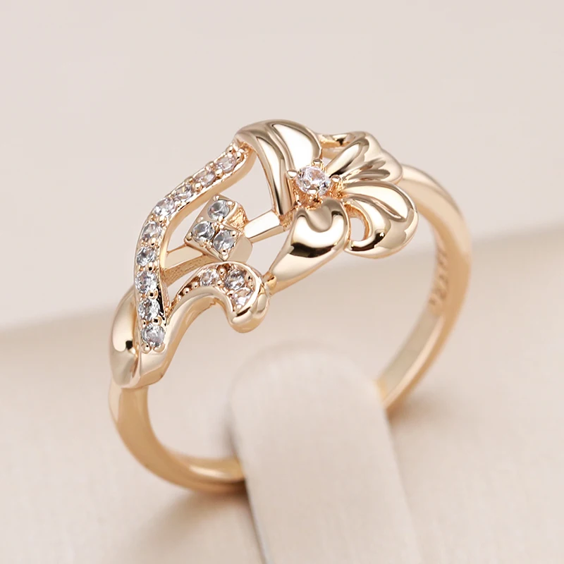 Kinel Hot 585 Rose Gold Color Crystal Flower Ring For Women Natural Zircon Vintage Wedding Daily Jewelry Fine Girls Gift