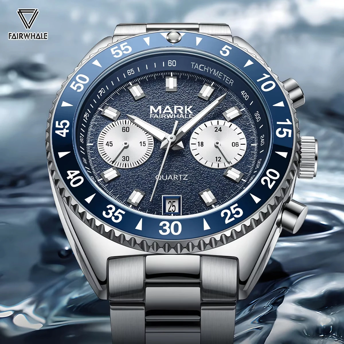 

Mark Fairwhale Mens Quartz Watch Stainless Steel Rotating Bezel Date Luminous Waterproof Business Chronograph Watches for Men