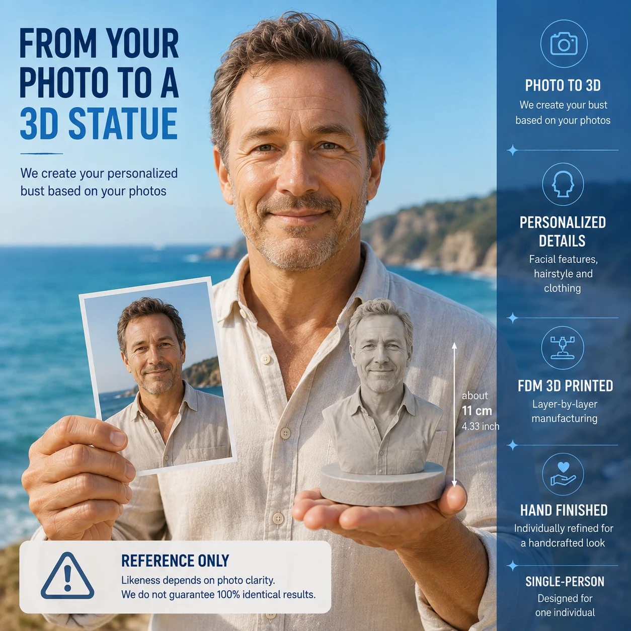 Custom 3D Printed Portrait Bust, Matte Resin Personalized Figurine from Photo, Realistic Handcrafted Statue for Gift & Home Deco