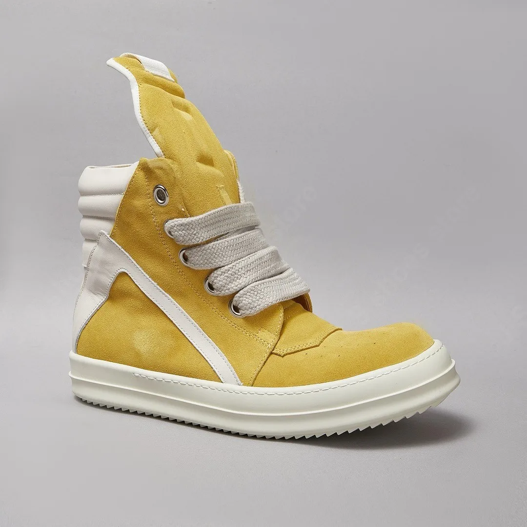 

Rick Men Shoe Casual Women Sneaker Yellow Cow Suede High Top Shoes Jumbo Laces Geobasket Owens ZIP Ankle Boot Designer Flat Shoe