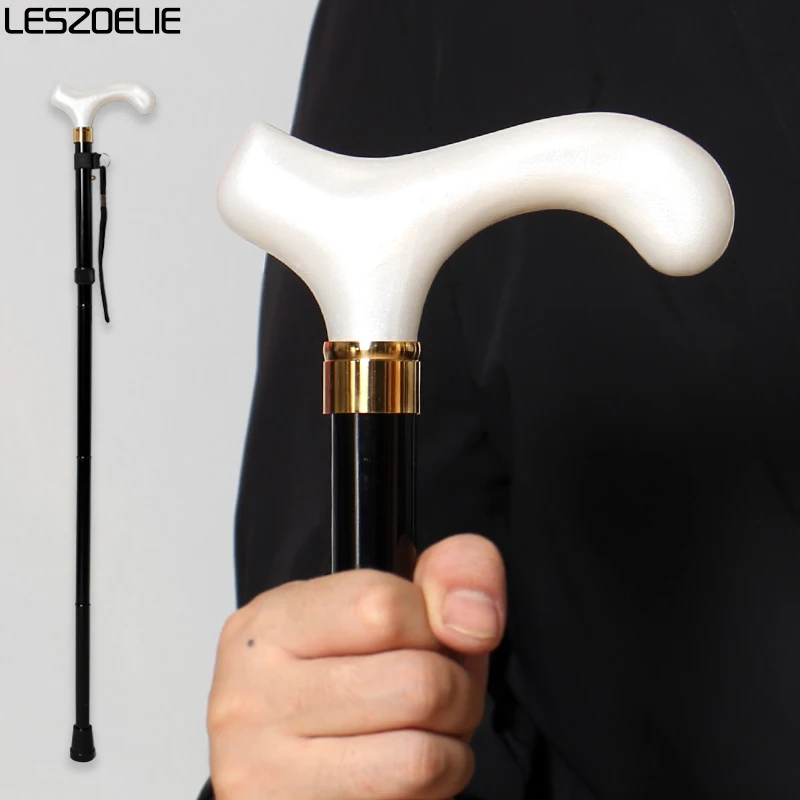 87cm to 97cm Adjustable And Folding Walking Stick For Men And Women White Resin Handle Black Aluminum Alloy  Walking Canes