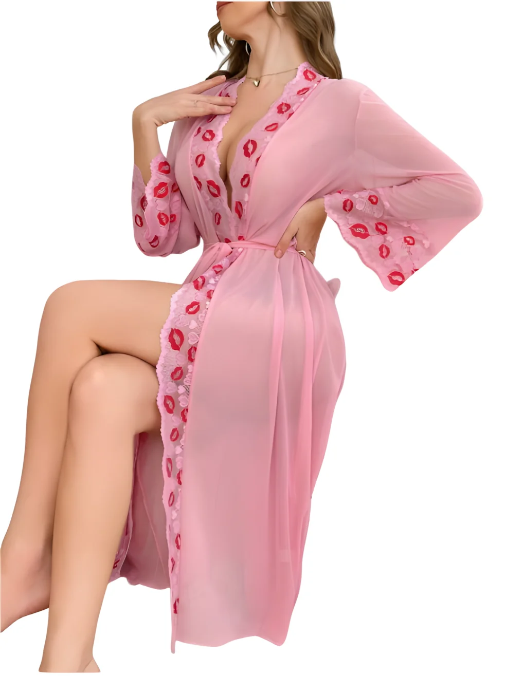 

Женский комплект для сна 2026: Прозрачный кружевной халат с длинными рукавами, пеньюар и трусики, 3 предмета