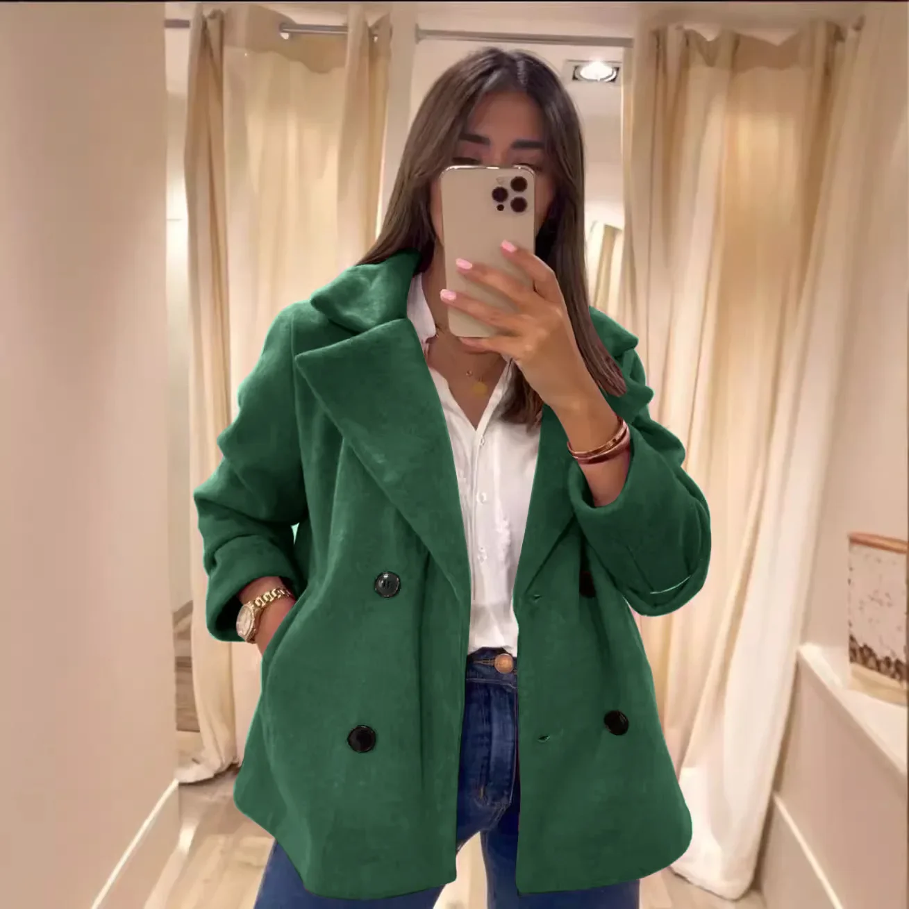 

Autumn and Winter 2024 New Ladies' Solid Color Casual Elegant Long-sleeved Double-sided Tweed Lapel Pocket Jacket Coat