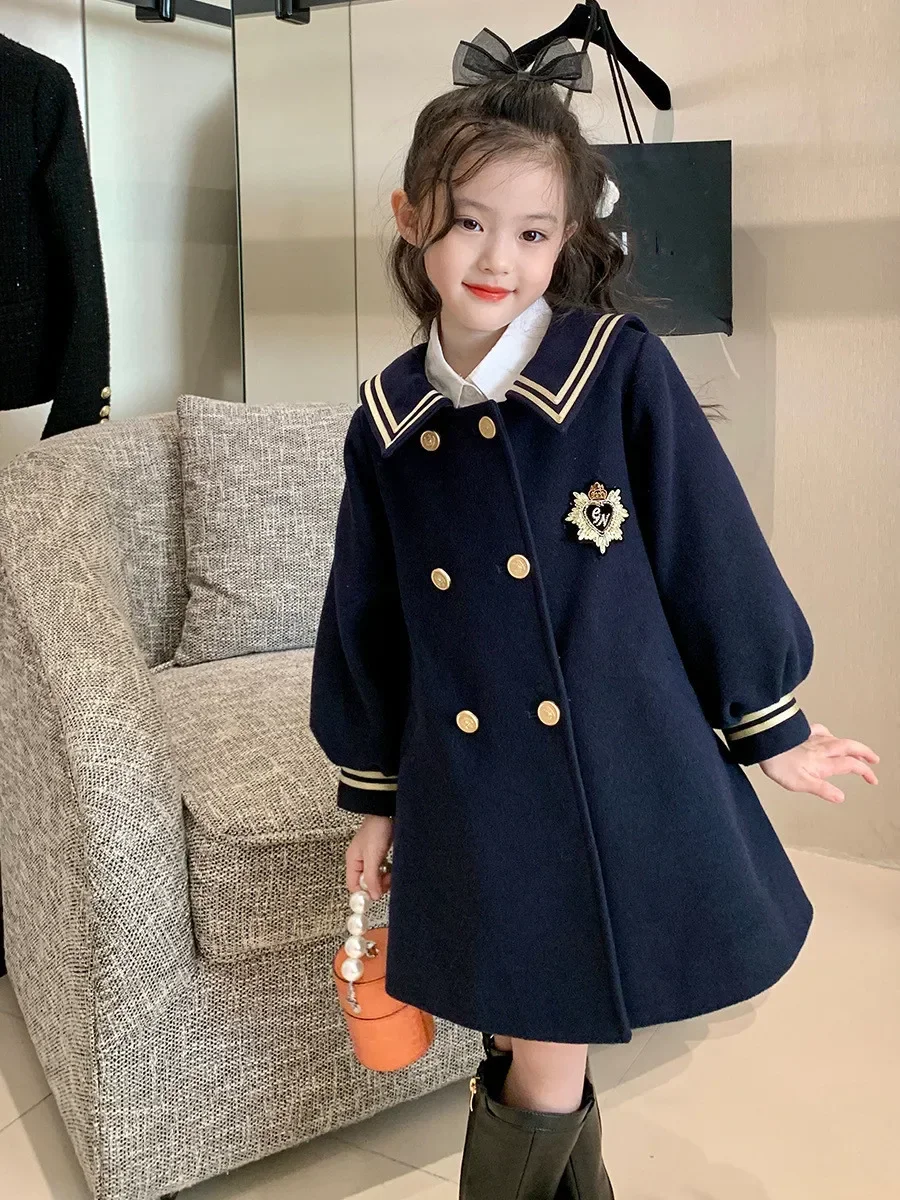 Girls Mid-length Coat 2024 Spring Autumn Navy Style Coat Little Girls Toddler Fashion Double Breasted Clothing