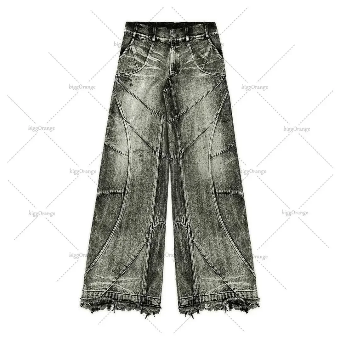 

Women Retro Heavy Industry Washed Jeans Men Goth Stripe New Patchwork Streetwear Loose Trend Straight Work Denim Pants Workpant