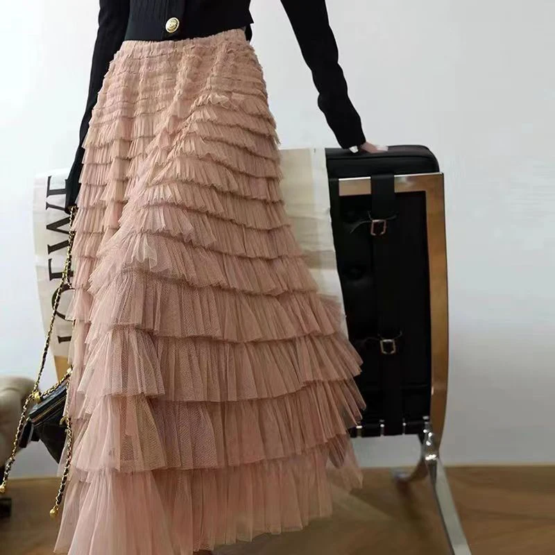 Sommer Frühling Damen Mehrschichtiger Rüschen Tüllrock Plissee Hohe Taille Flauschiger Maxirock Feenkuchenkleid Langer Tutu Partyrock – Detail 18