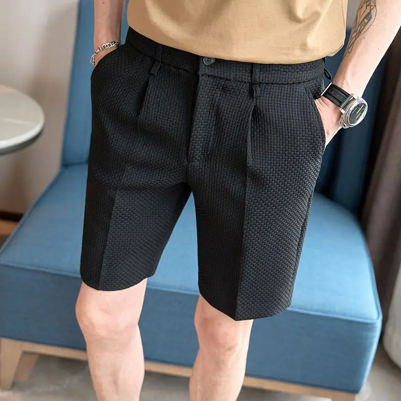 Mens Summer New Waffle Texture Casual Shorts Pure Color Slim Fit Thin Lightweight Straight Fit Mid Length 5 Inch Shorts