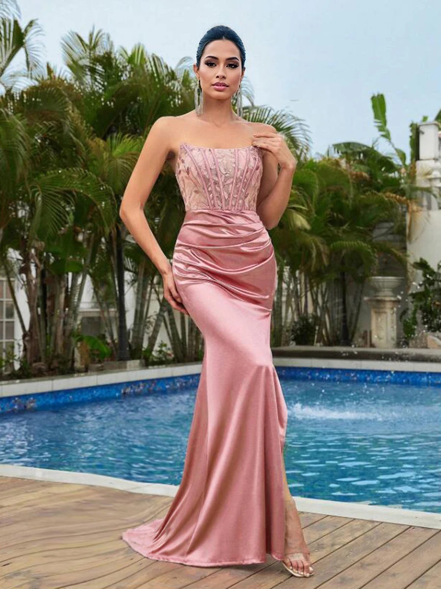 Sequined Lace Hollow Out Satin Dress Strapless Sleeveless Backless Lace Up Front Slit Maxi Gown Pink Navy Blue