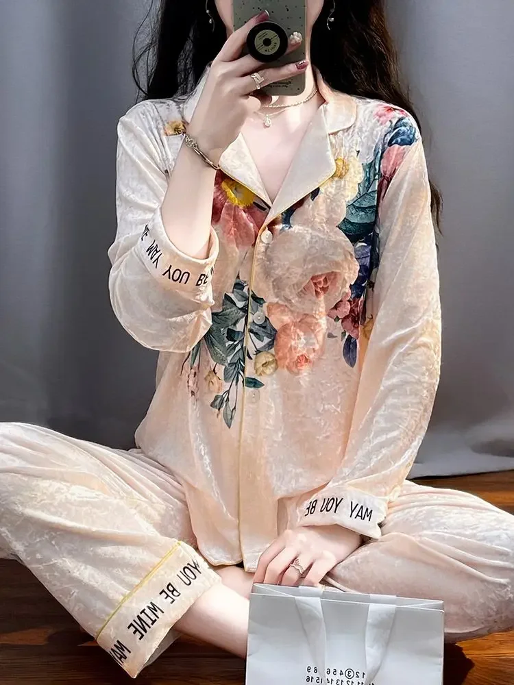 Print floral sleepwear women pajama sets long sleeve long pants velvet nightwear high-end luxury designer clothing homewear sets