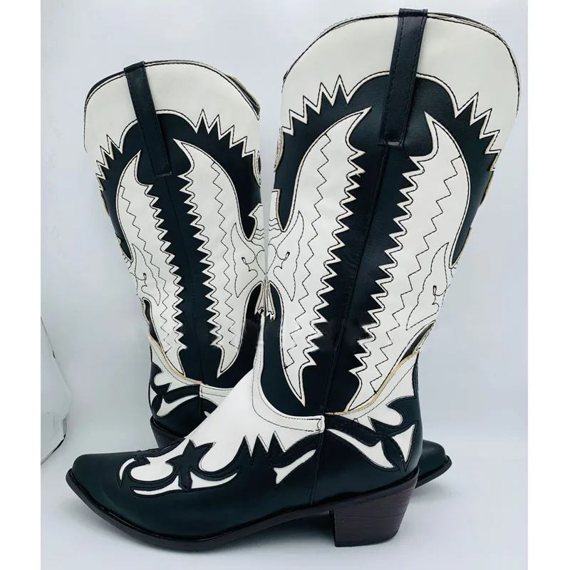 

Black White Patchwork Wings Embroidery Men Mid Boots Wooden Chunky Heels Slip On British Boots for Man Vintage Botas Hombres