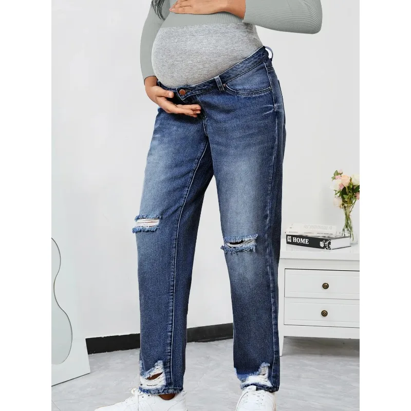 High Waist Pregnancy Jeans Belly Support Loose Straight Leg Non Stretch Maternity Denim Pants