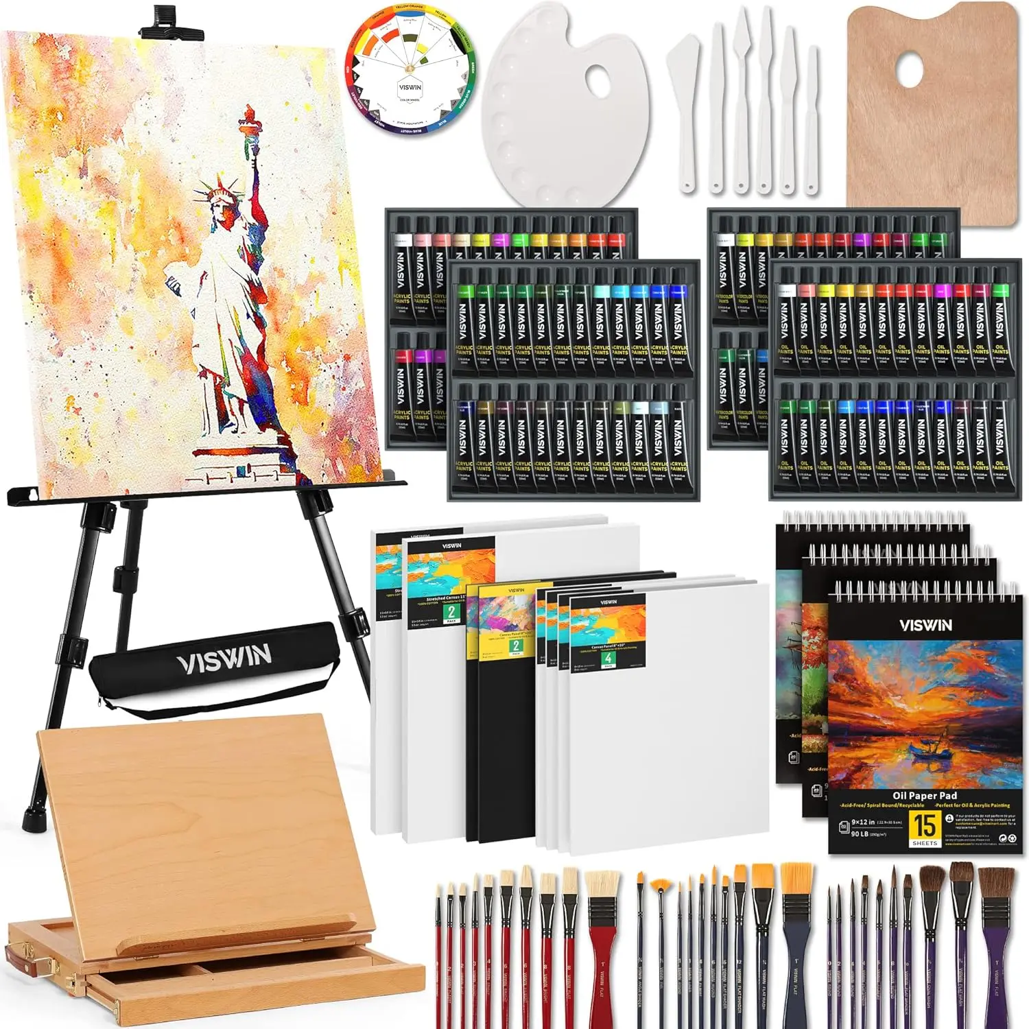 Viswin All-In-One Art Painting Set With Aluminum & Beech Wood Easel, 96 Acrylic, Watercolor & Oil Paint Set, Canvases, Painting