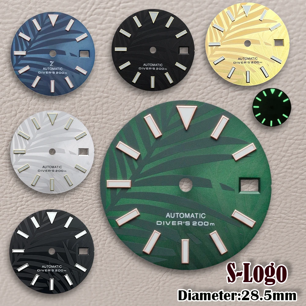 28.5mm NH35 Dial S Logo Bamboo leaf Dial Fit NH35/NH36 Movement Green Luminous 3/3.8/4.2 O'clock SKX007 Mod Accessories