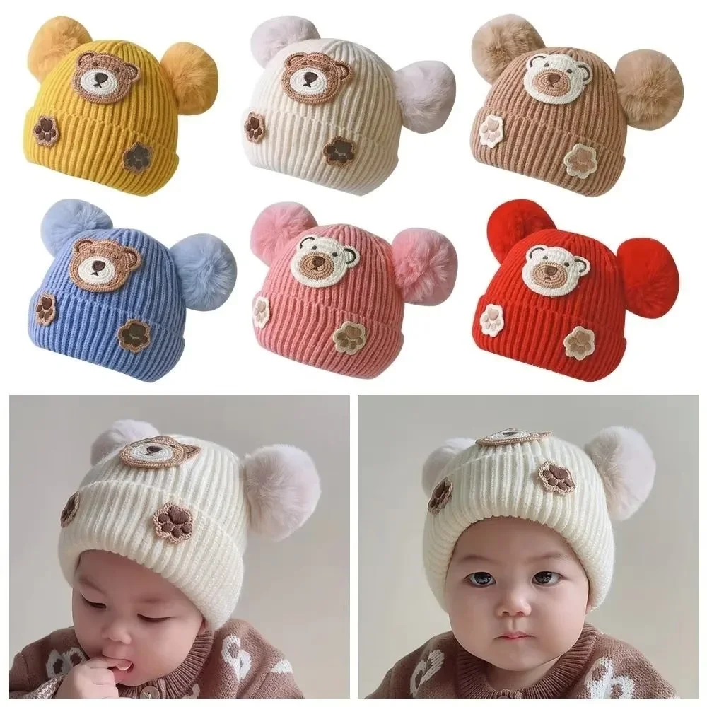 New Cartoon Bear Knitted Cap Double Ball Cold Protection Soft Crochet Hats Children Beanies Girl Boy