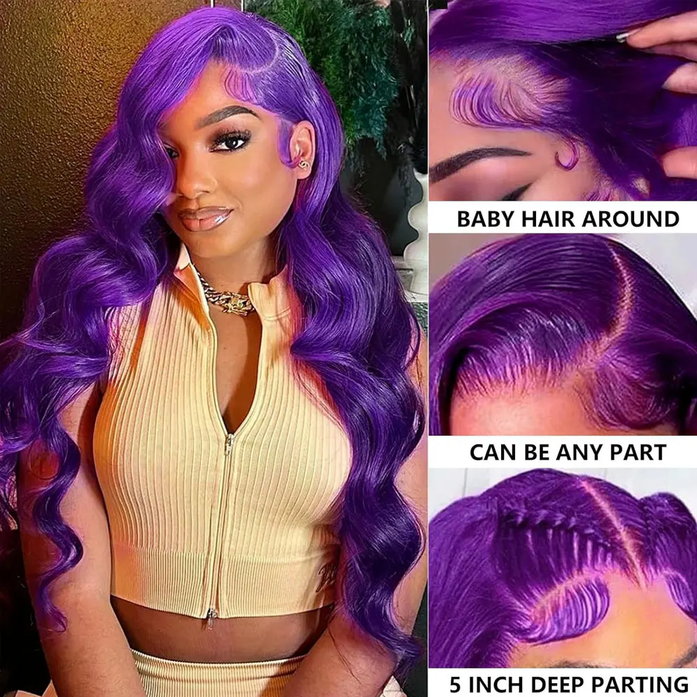 Dark Purple Body Wave Human Hair Wigs 13x4 HD Lace Frontal Human Hair Wig 200% Colored Body Wave Lace Front Wig For Women image 3