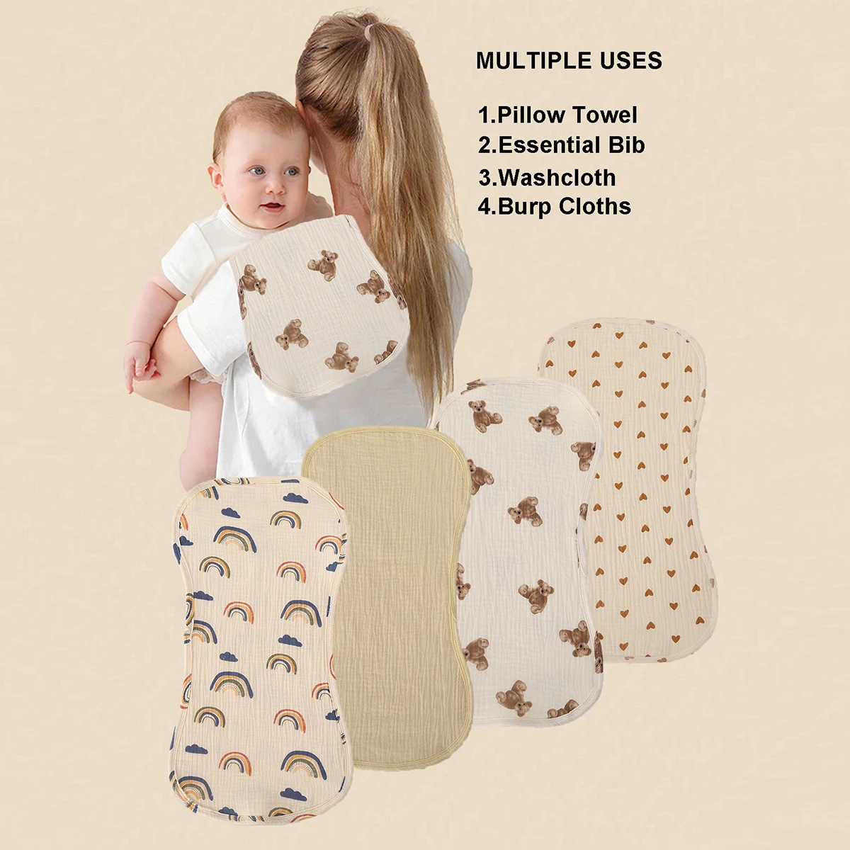 4Pcs/Set Muslin Baby Burp Cloths Large 100% Cotton Burping Cloths for Newborn, Baby Girls and Boys