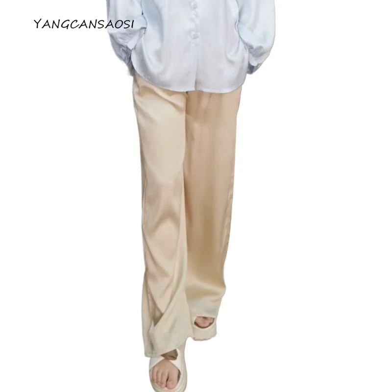 

Women's Fashion Clothing 93% Natural Mulberry Silk Elastic Pearl Satin Elastic Waist Champagne Double Pocket Straight Leg Pants