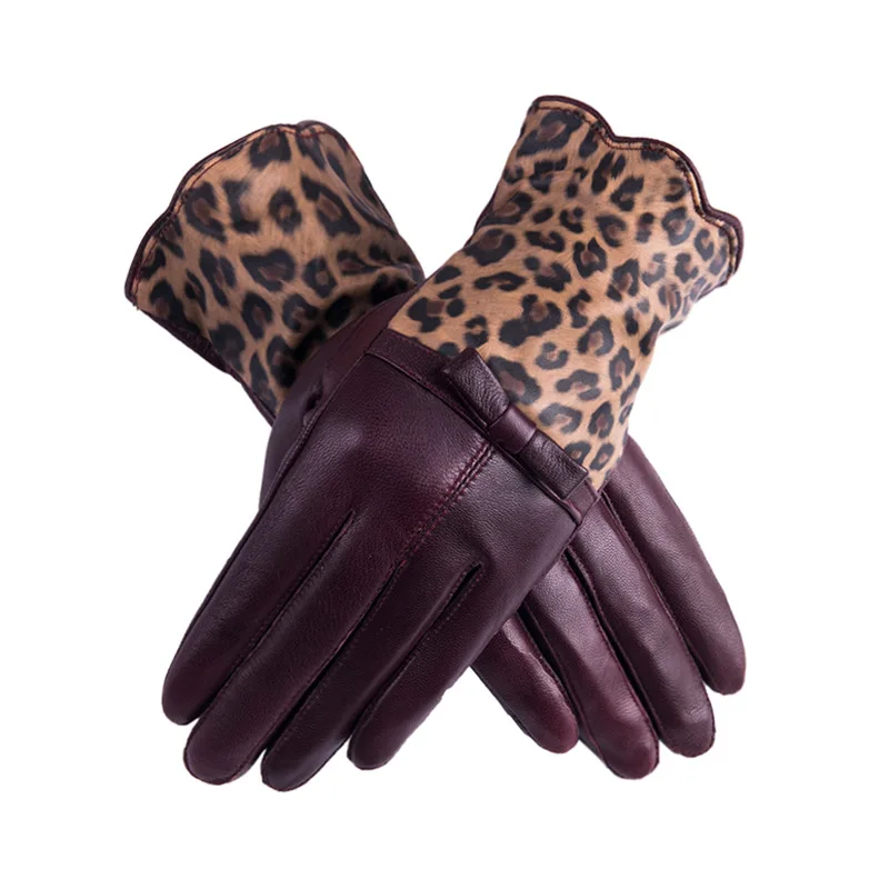 Leopard Print Genuine Leather Gloves For Women, Windproof, cold Proof, Warm Sheepskin Gloves for Cycling,Riding Glove