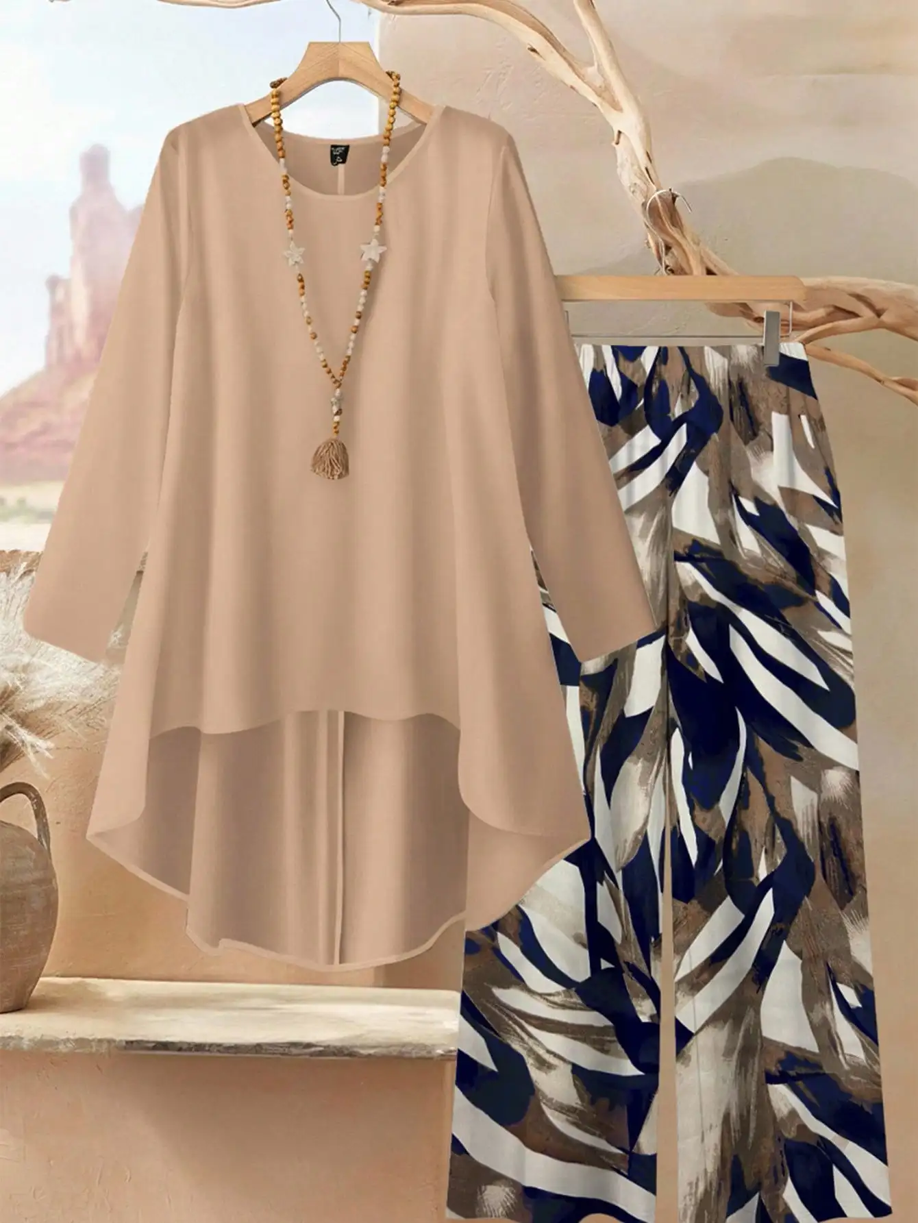 Beige High-Low Top & Leaf Print Wide Leg Pants Set