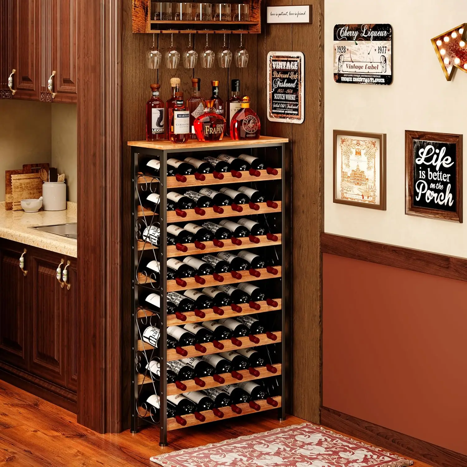 

8-Tier Freestanding Wine Rack with Wood Top, Tall Floor Storage for Kitchen Pantry, 25.2''L x 10.7''W x 47.2''H