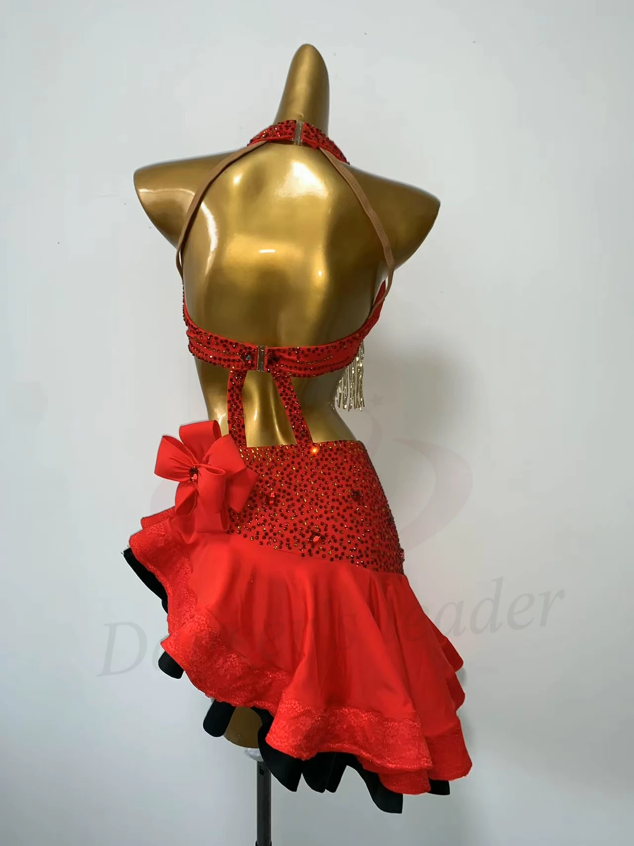 

Latin Dance Rhinestone Dress High-end Custom Gold Tassel Bra Mesh Skirt Tango Adult Stage Professional Clothing