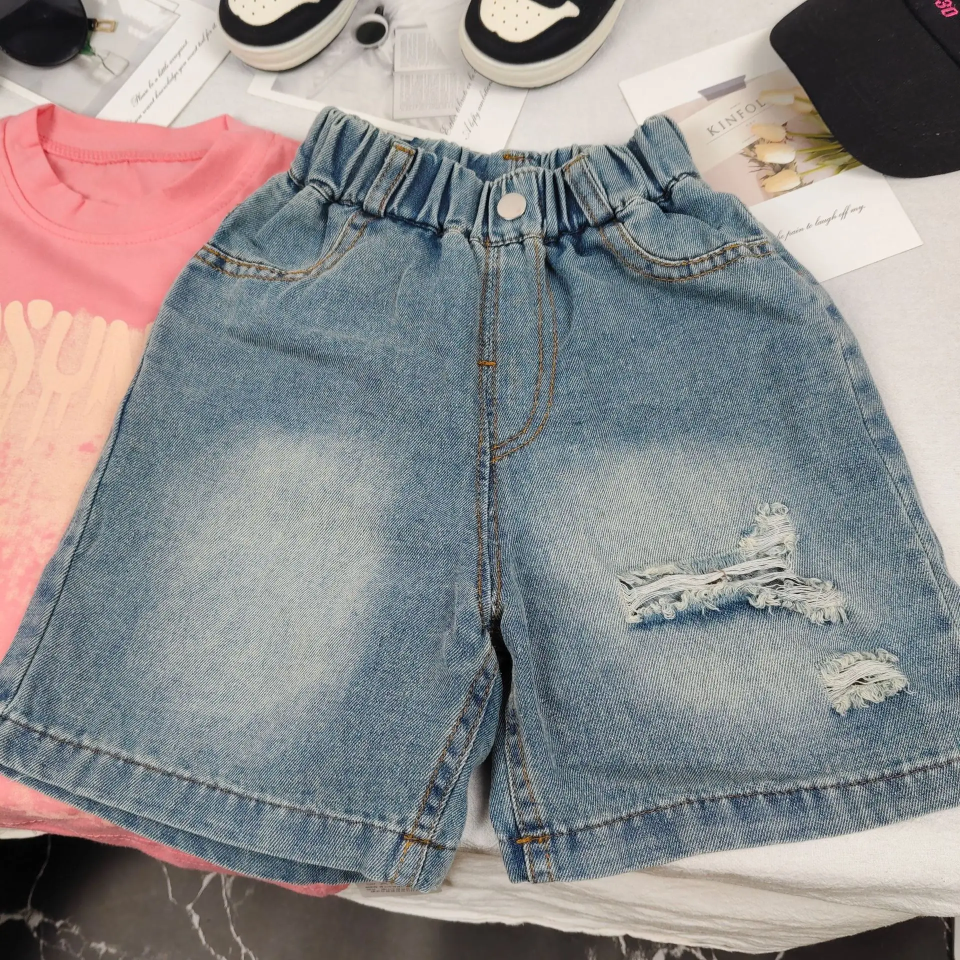 Korean Boys Denim Shorts Toddlers Girls Ripped Hole Jeans Kids Child Casual Shorts 2-8 Years