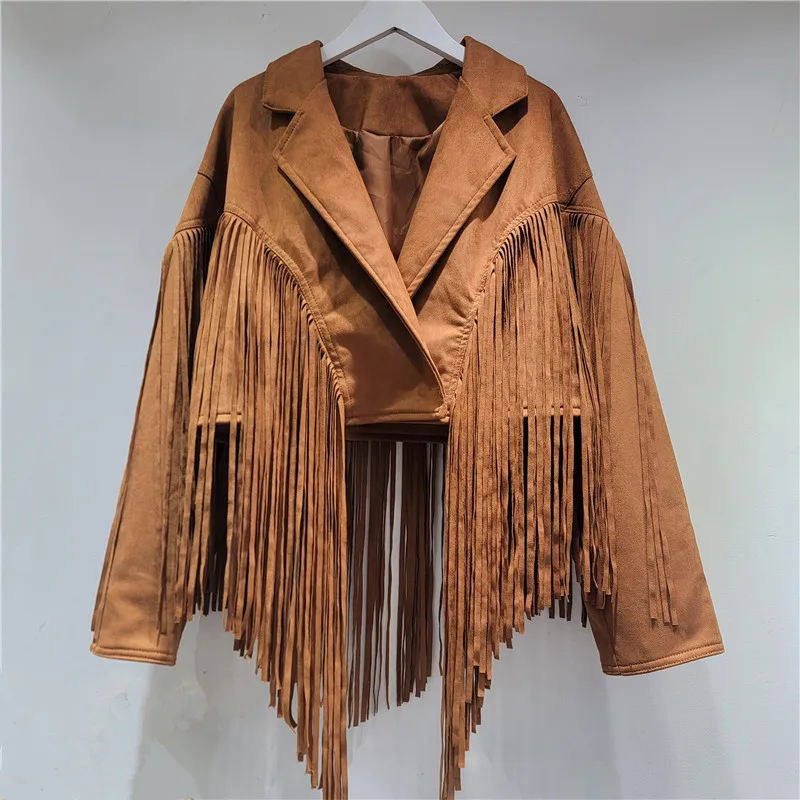 النساء فو سترات من الجلد الصلبة معاطف قصيرة شرابة رفض طوق طويلة الأكمام مغطاة زر فضفاضة تناسب الشارع الشهير 2025 الخريف