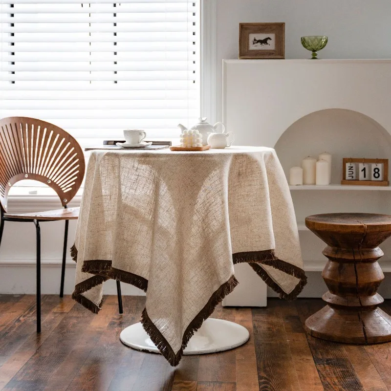 Polyester and Linen Solid Color Tablecloth, Khaki Tassel, American Country Household Rectangular