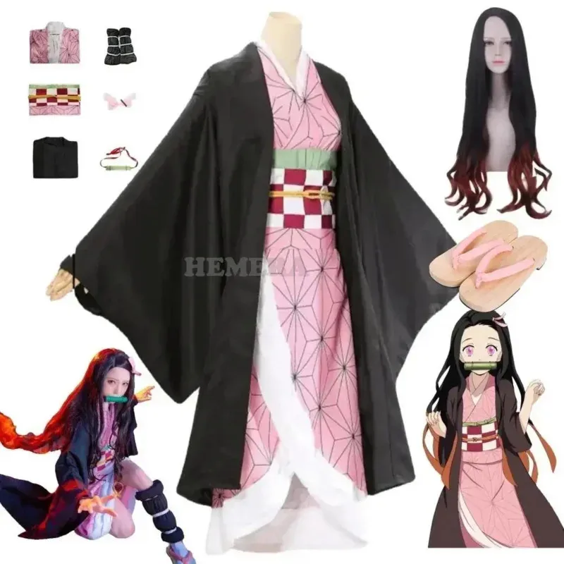 A Litter Of Bears Cosplay Costume Anime Kimono Kamado Nezuko Wig Uniform Halloween Women Kids Clothes 2025 New