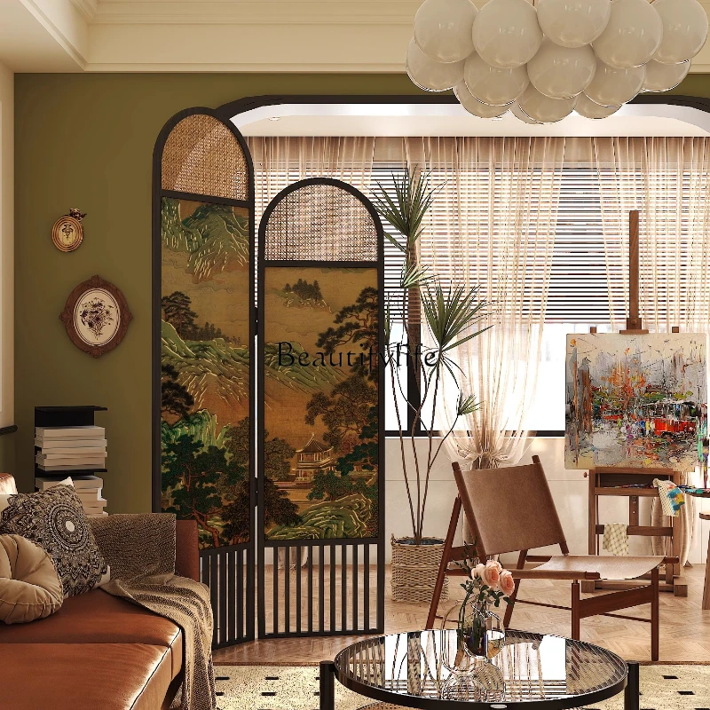 02Medieval solid wood screen partition living room sofa background wall bedroom entrance household