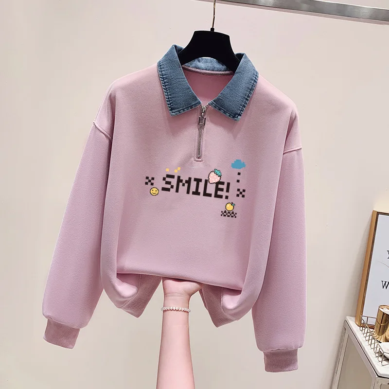 Retro American Style Long Sleeve  Neck T-Shirt for Girls High School Students Autumn Fashion Casual Loose Fit No Brand