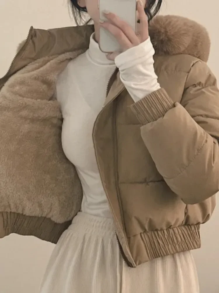 South korea Chic Autumn and Winter Fur Collar Hood Short down Coat Women Fashion Thick Warm Fleece-lined Cotton-padded jacket