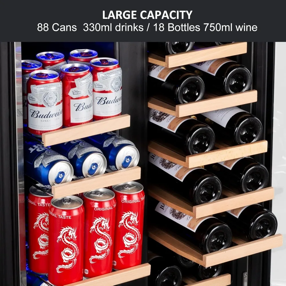 Wine Refrigerator, 24 Inch Dual Zone Fridge with Glass Door, Built-In Cooler with Powerful and Quite Cool System