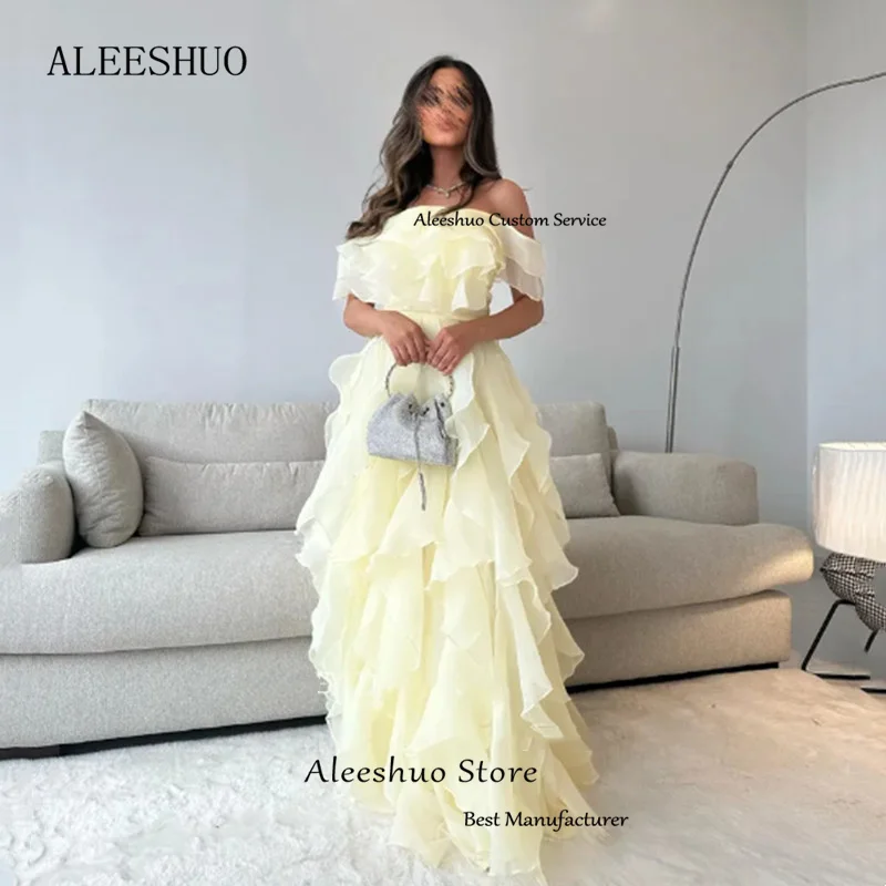 Aleeshuo muslimische elegante Organza Ballkleider ärmellose Abendkleider saudi-arabische Rüschen von der Schulter Party Robe de Soirée