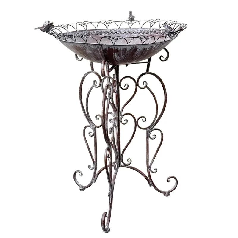 

Vintage Bird Bath Stand, Antique Gray Iron, Decorative Garden Pedestal with Scrollwork Design, 65cm Round Bowl, Outdoor Bird Fee