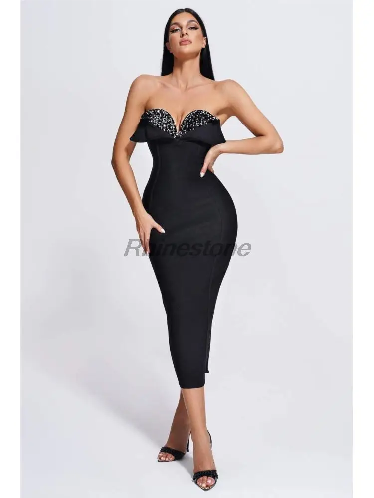 Sparkling Sequin Sexy Low Cut Strapless Black Bandage European And American Fashion Party Dress