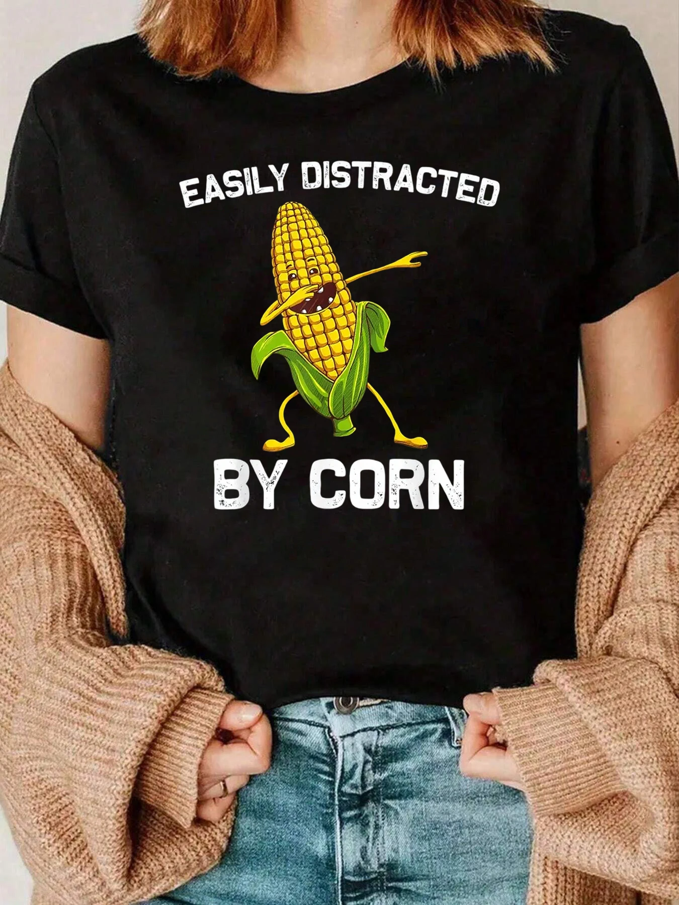 Milho distraído pelo milho gráfico camiseta casual feminino top uso diário 220g