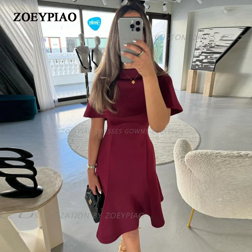 

Wine Red Prom Dresses Short Cape Sleeve O Neck Pleats Satin Arabian Dubai Evening Dress Mini Length Elegant Formal Party Gowns