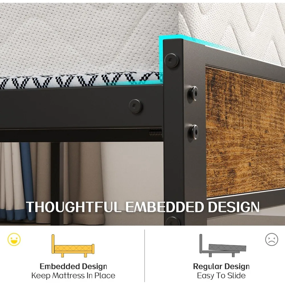 إطار سرير معدني مع منافذ USB، وحدة تخزين اللوح الأمامي، وإضاءة LED، وتصميم صامت، وزنبرك صندوقي غير مطلوب #5