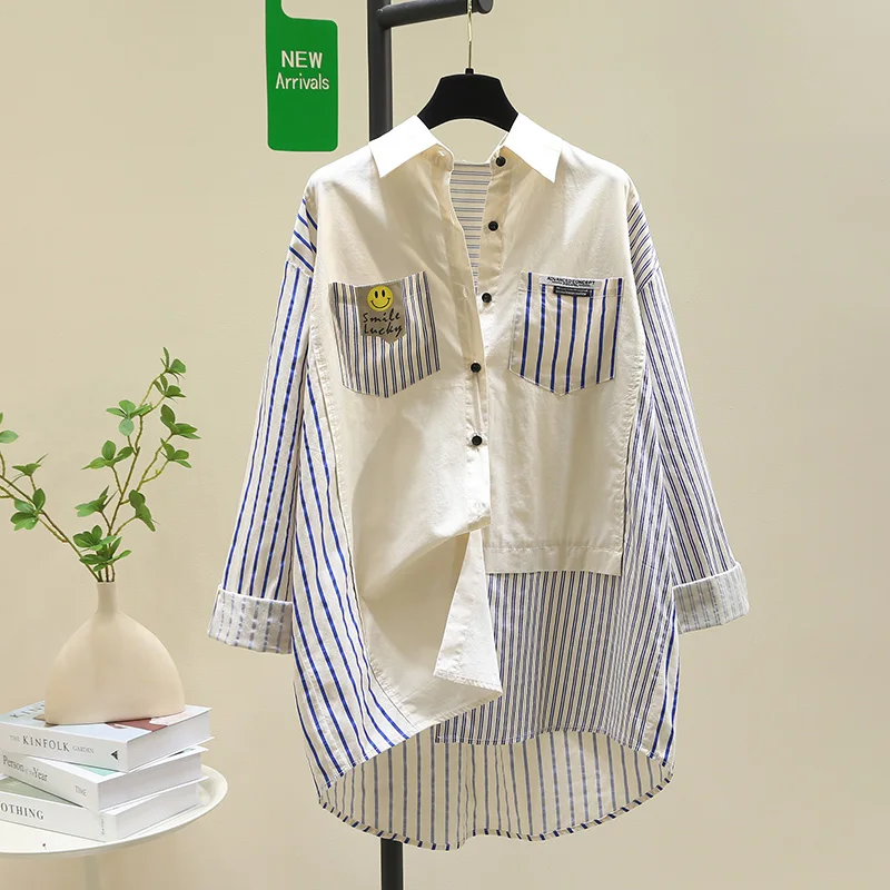 SuperAen-Camisa feminina listrada com design coreano de cores compridas, camisa casual solta, verão, nova, 2024