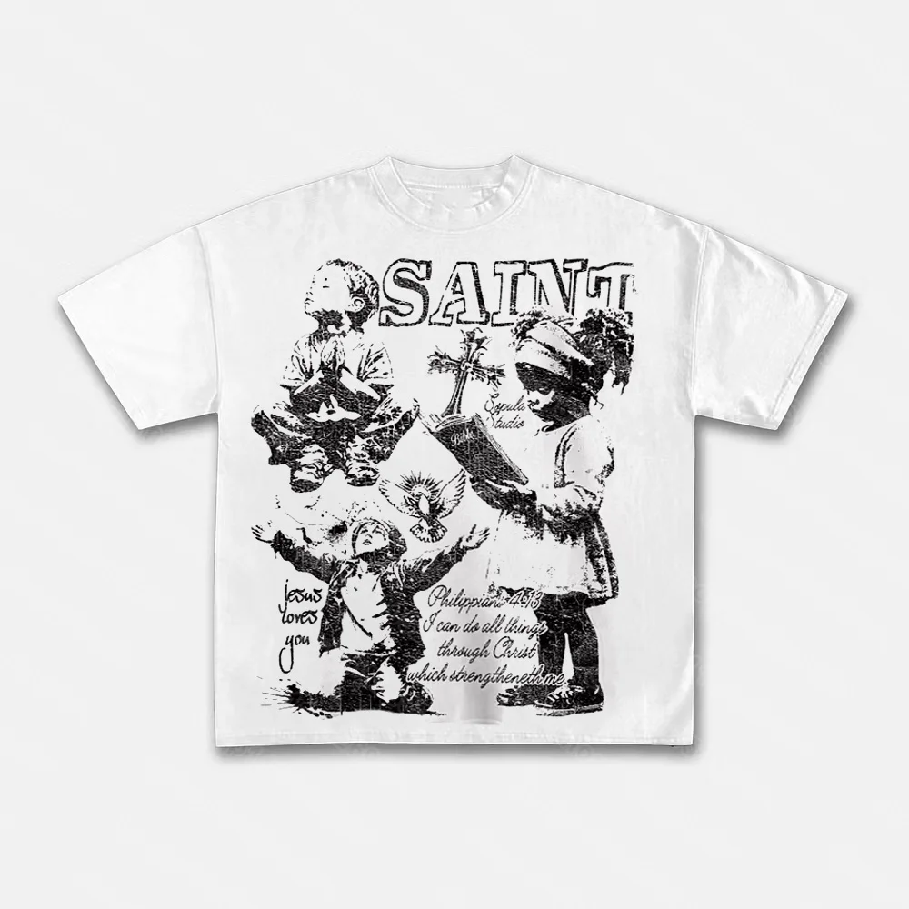 Saint Child of God Bible Prayer Graphic Print T-Shirt Unisex Crew Neck Short-sleeved Retro Street Y2K Casual Fashion Tops Cloths