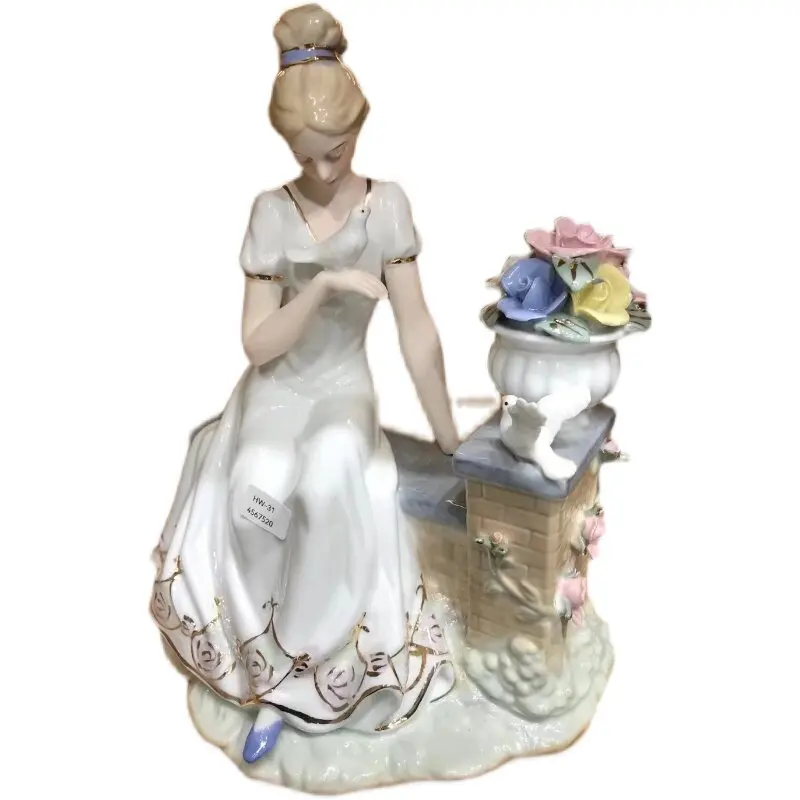 Vintage Porcelain Lady Figurine with White Dove & Flower Vase Elegant Sitting Girl Ceramic Statue Home Living Room Decoration view 5
