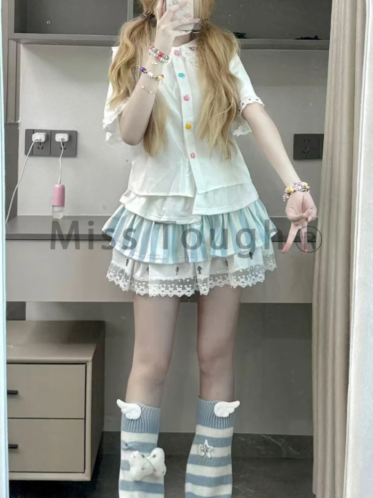 اليابانية المرقعة الحلو تنورة المرأة Kawaii Harajuku كعكة رقيق التنانير أزياء من الدانتل الأزرق مخطط ضئيلة تنورة صغيرة الإناث جديد