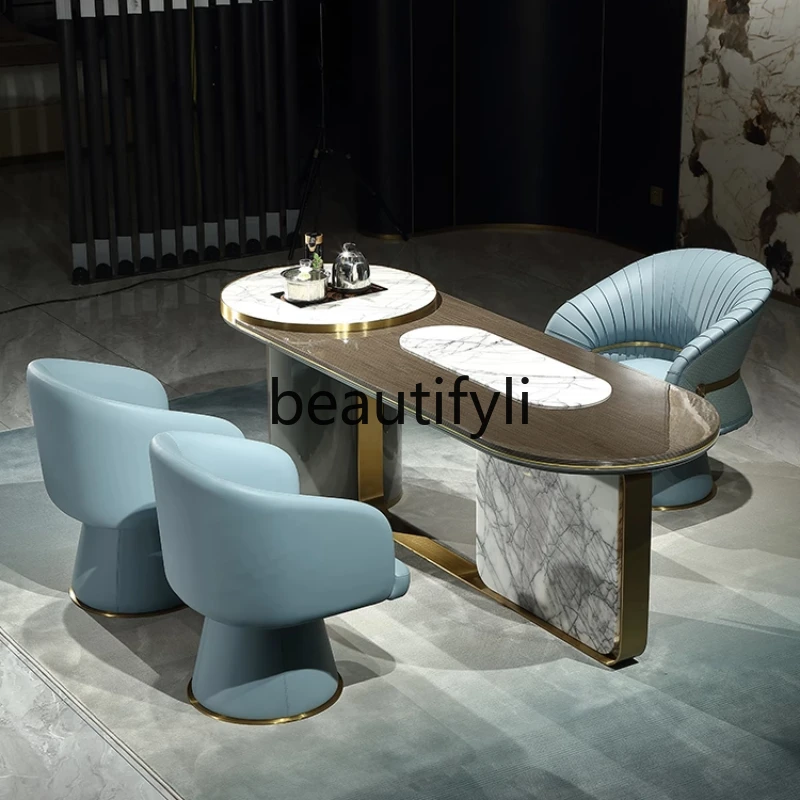 

Italian modern light luxury marble tea table and chair combination kettle tea table integration