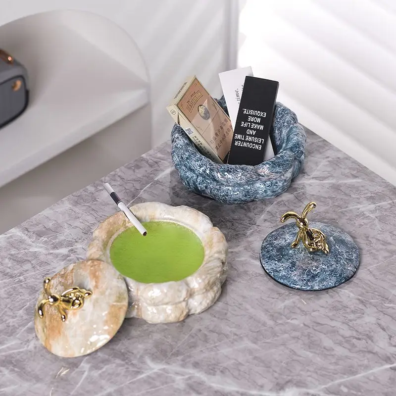 Creative Cement Rabbit Ashtray with Lid Imitation Marble Storage Jar Room Flower Shape Ashtray Household Candy Nut Storage Jar