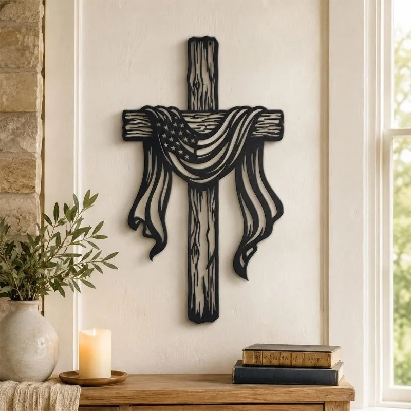 CIFbuy Metal Wall Art American Flag Cross Patriotic Iron Sign Home Decor Veteran Gift