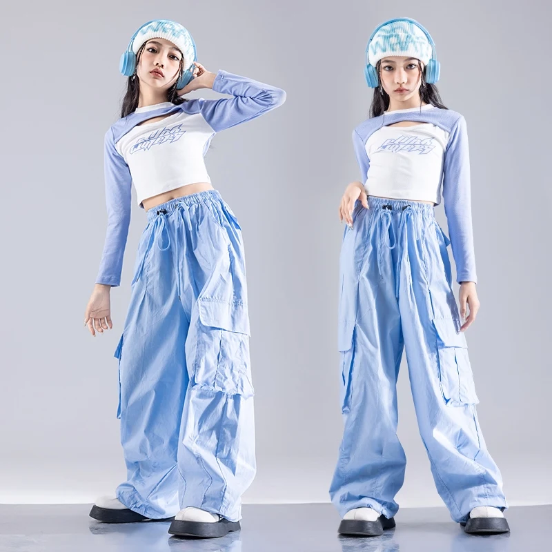 Urban Dance Girls Clothes Hip-hop Outfits Long Sleeve Top Blue Cargo Pants Kids Jazz Dance Costume Catwalk Show Costumes DQL9960